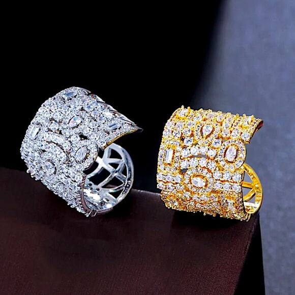 White Gold Plated Zircon Ring, Adjustable, Wide Band, Statement Jewelry - Picture 4 of 8